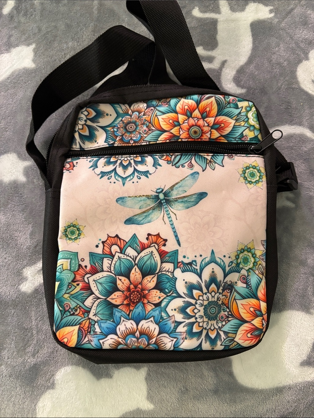 Dragonfly Floral Crossbody Bag in Teal & Orange - Women's Shoulder Bag